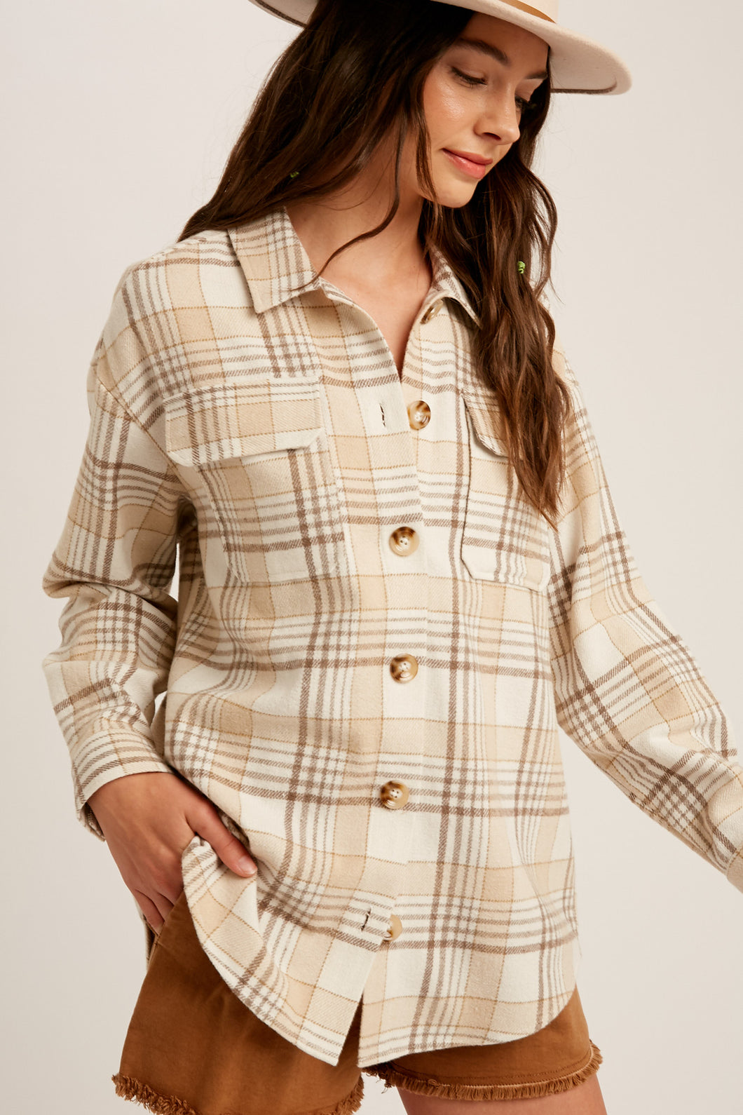 Plaid Button Down Shacket - Beige